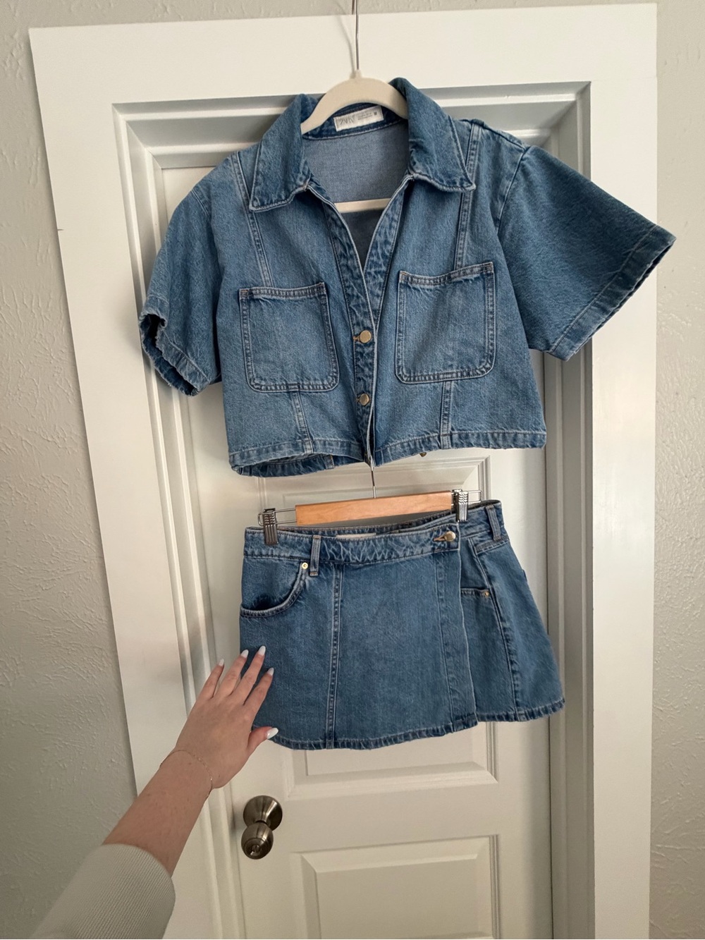 Zara Light Blue Denim Crop Button-Down Top and Mini Skort Set